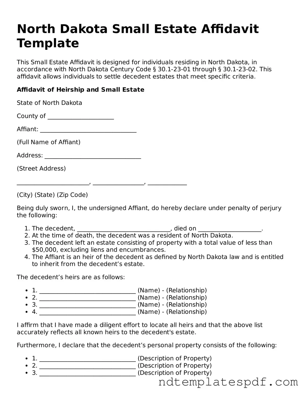 Legal North Dakota Small Estate Affidavit Document