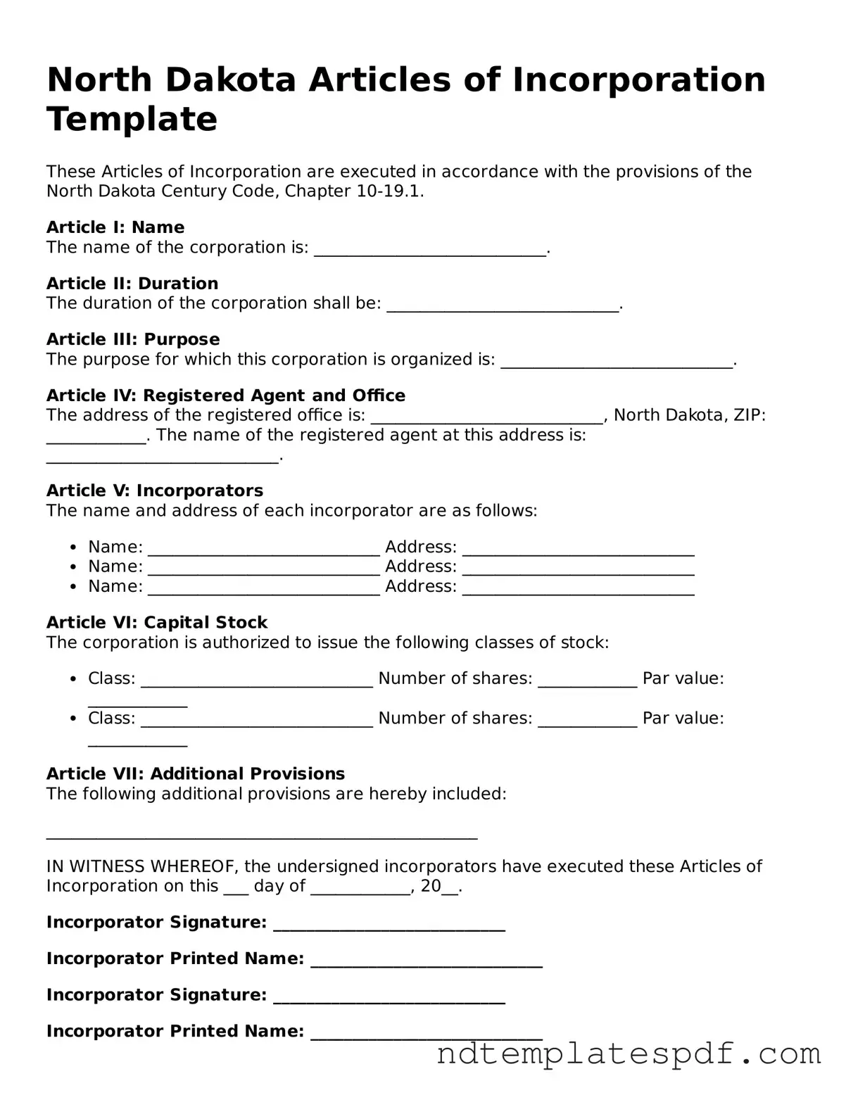 Legal North Dakota Articles of Incorporation Document
