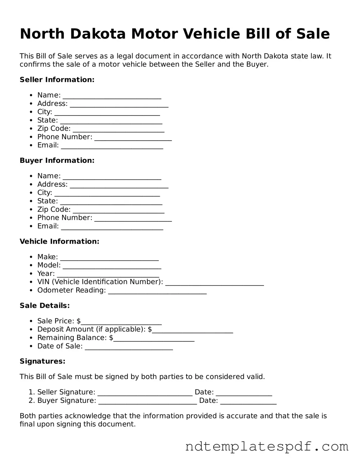 Legal North Dakota Motor Vehicle Bill of Sale Document