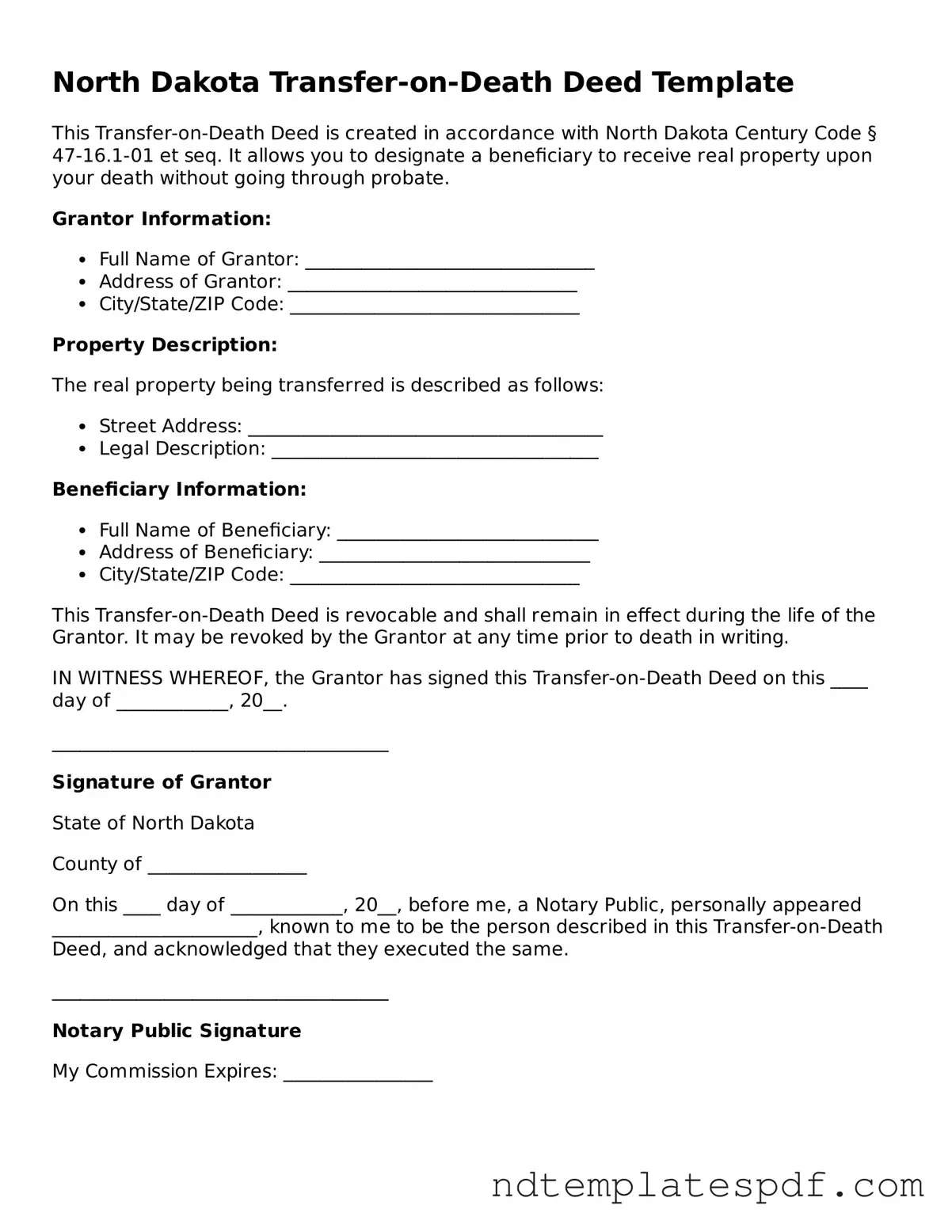 Legal North Dakota Transfer-on-Death Deed Document