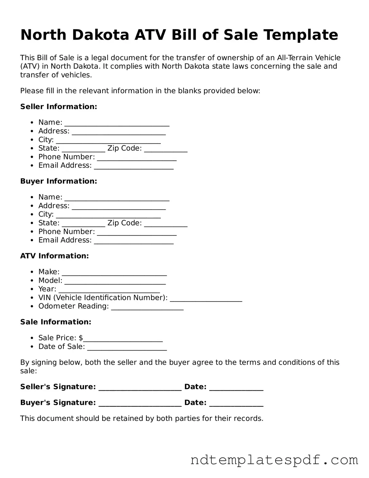 Legal North Dakota ATV Bill of Sale Document
