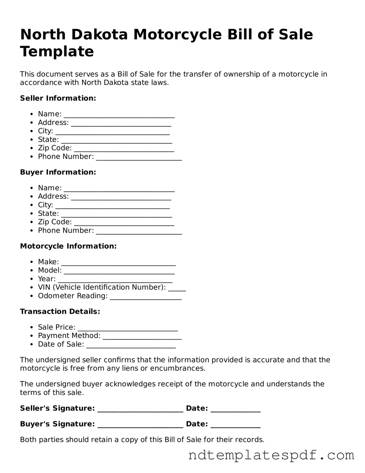 Legal North Dakota Motorcycle Bill of Sale Document