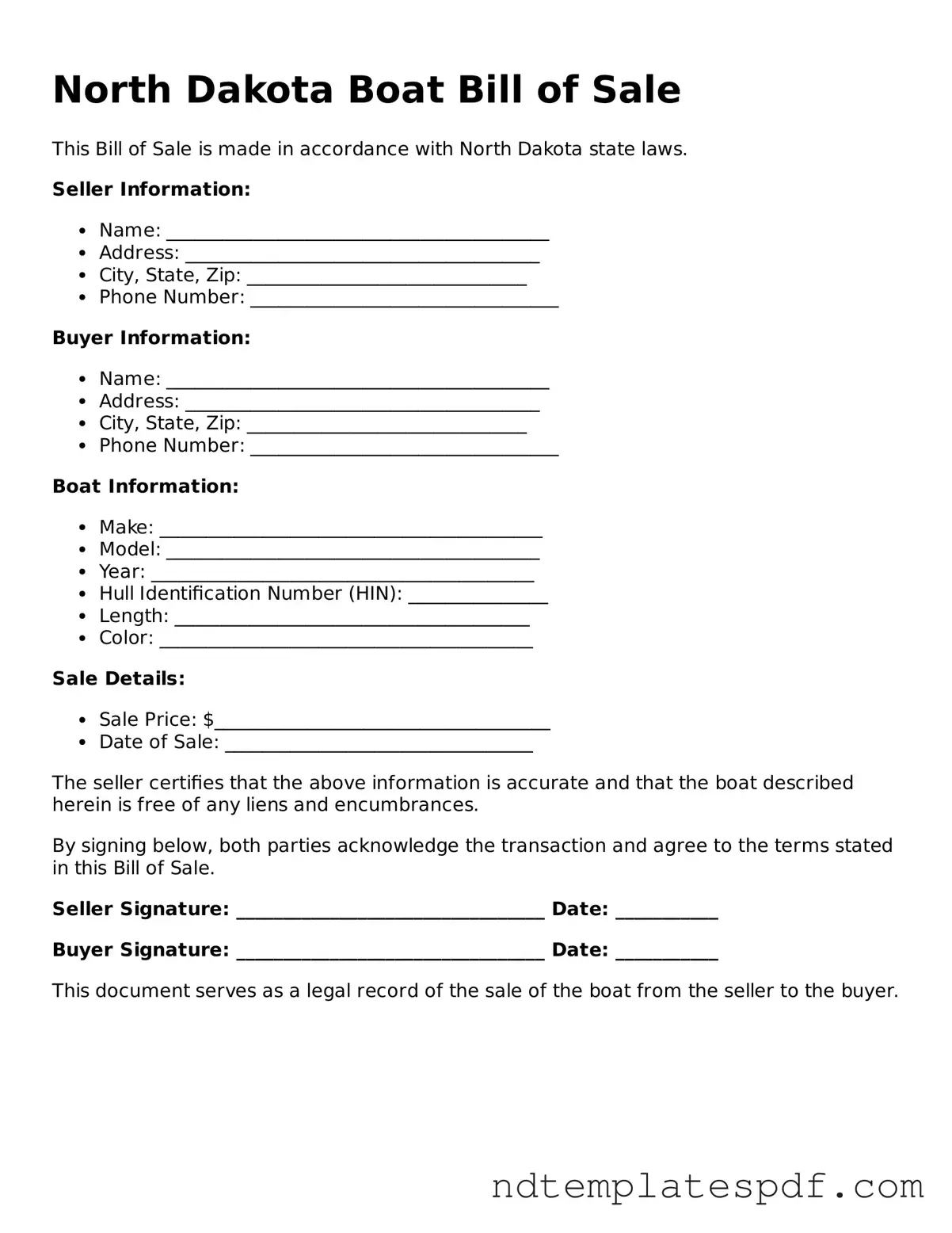 Legal North Dakota Boat Bill of Sale Document