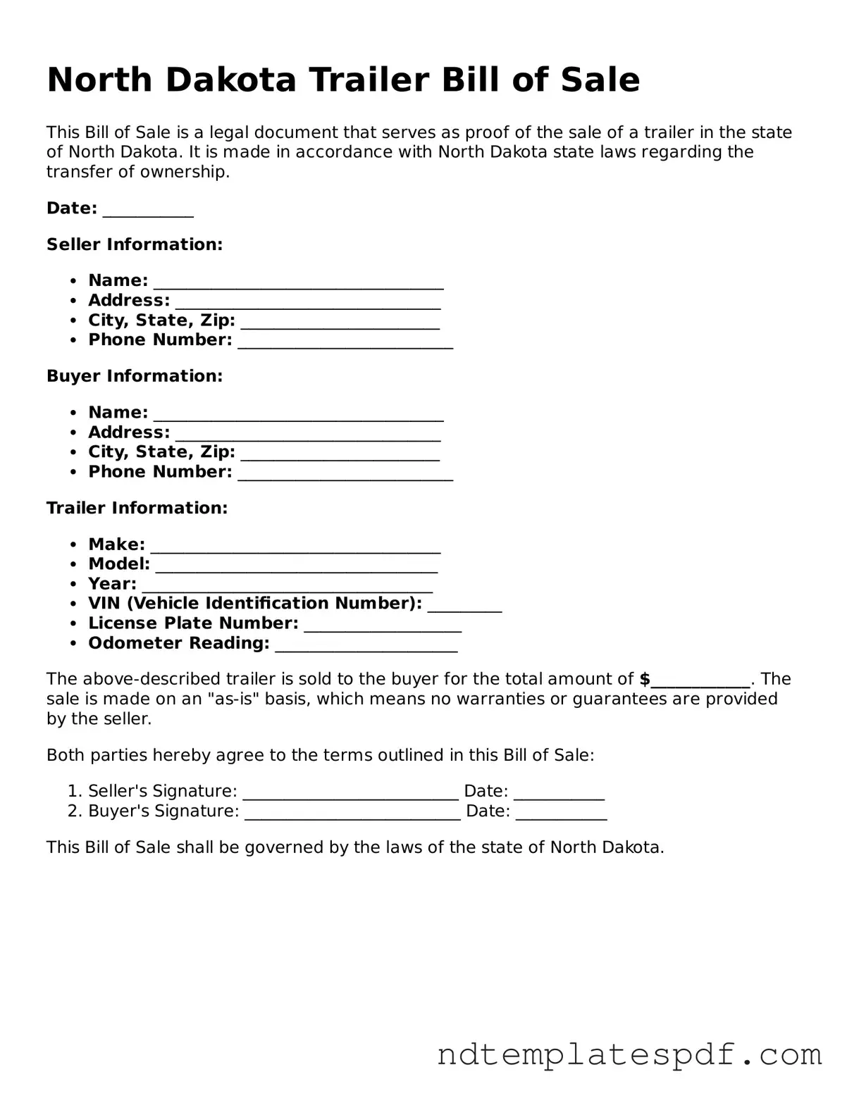 Legal North Dakota Trailer Bill of Sale Document