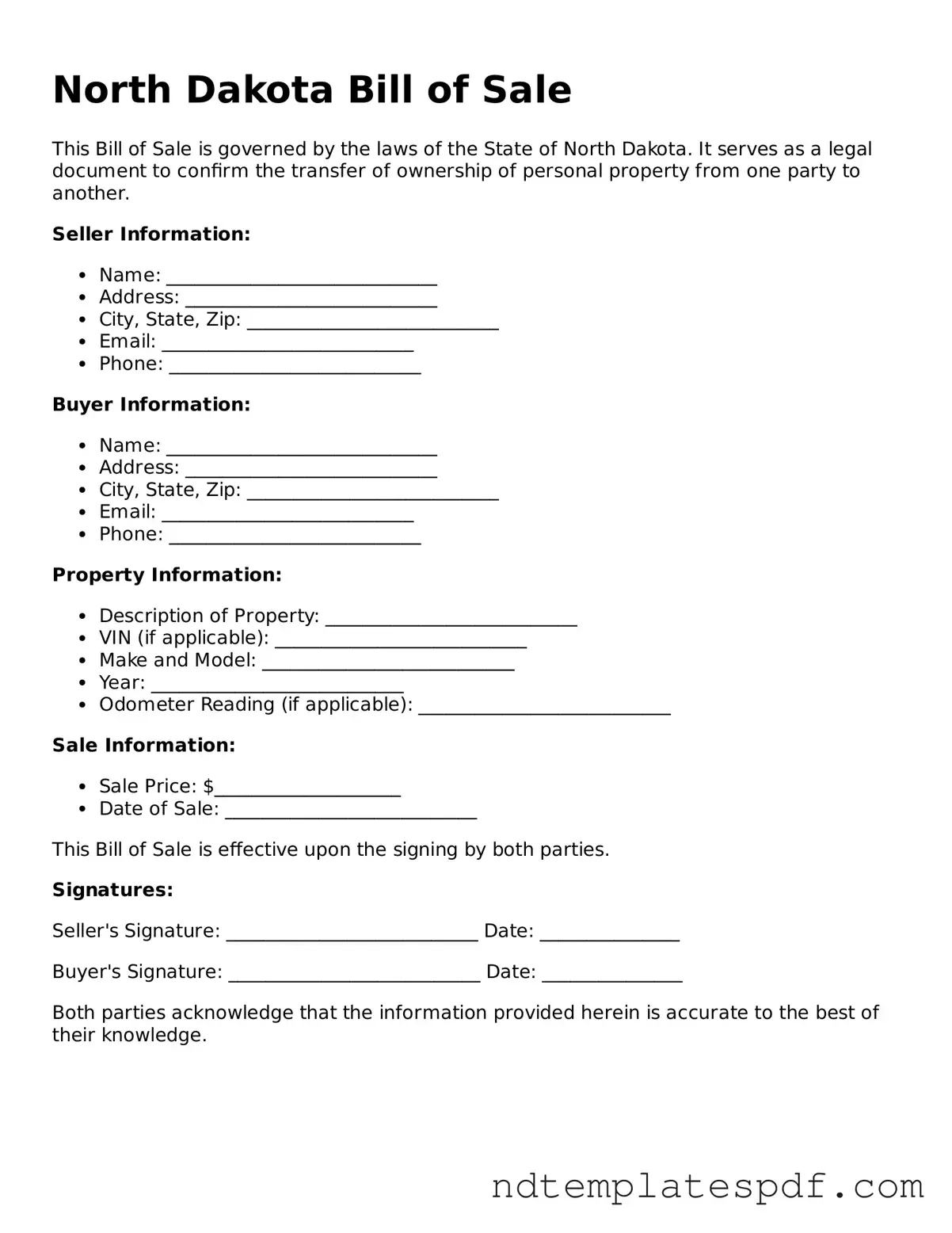 Legal North Dakota Bill of Sale Document