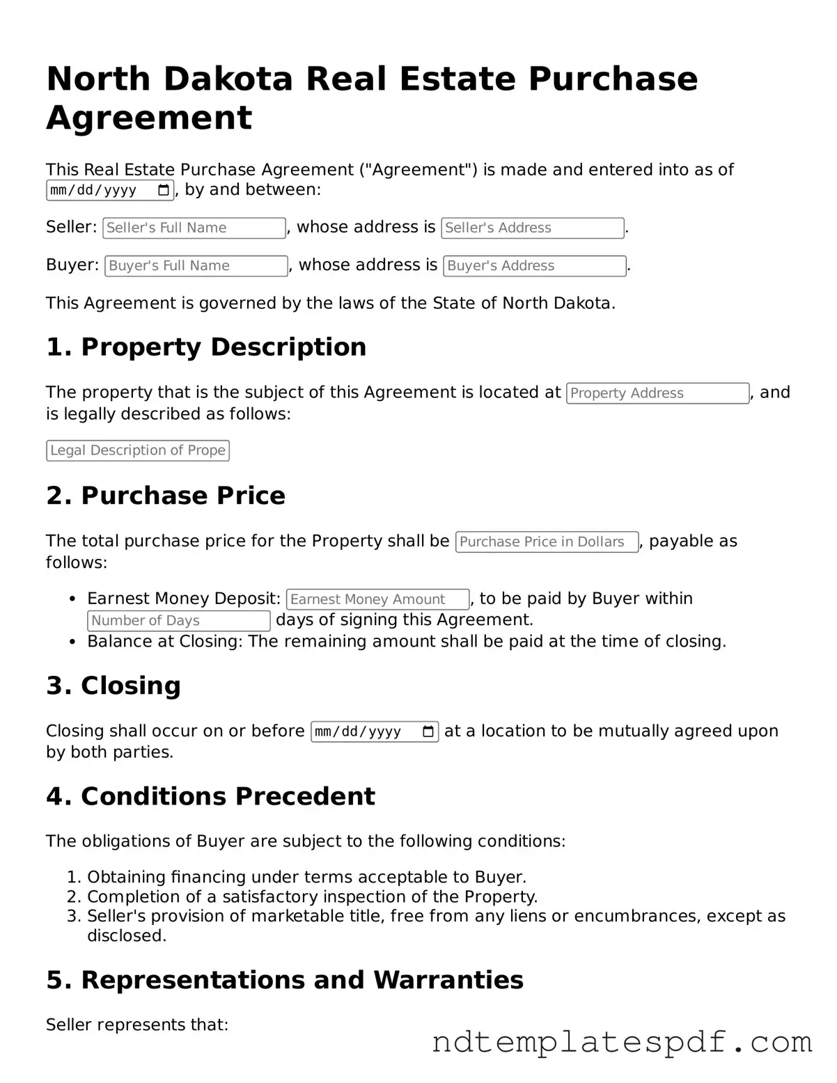 Legal North Dakota Real Estate Purchase Agreement Document