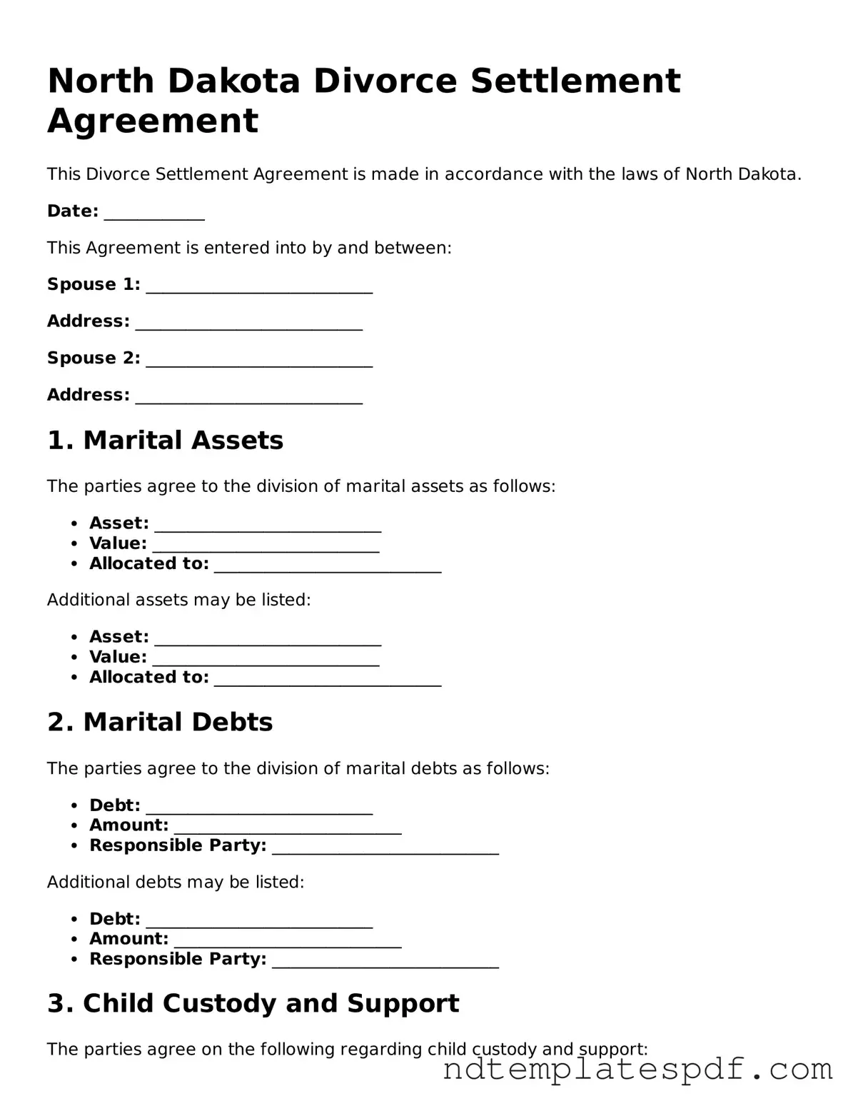 Legal North Dakota Divorce Settlement Agreement Document