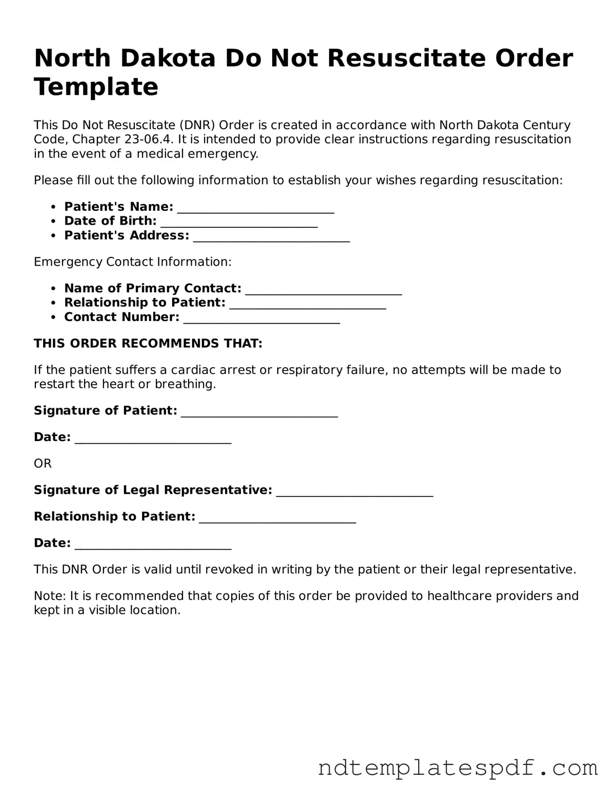 Legal North Dakota Do Not Resuscitate Order Document