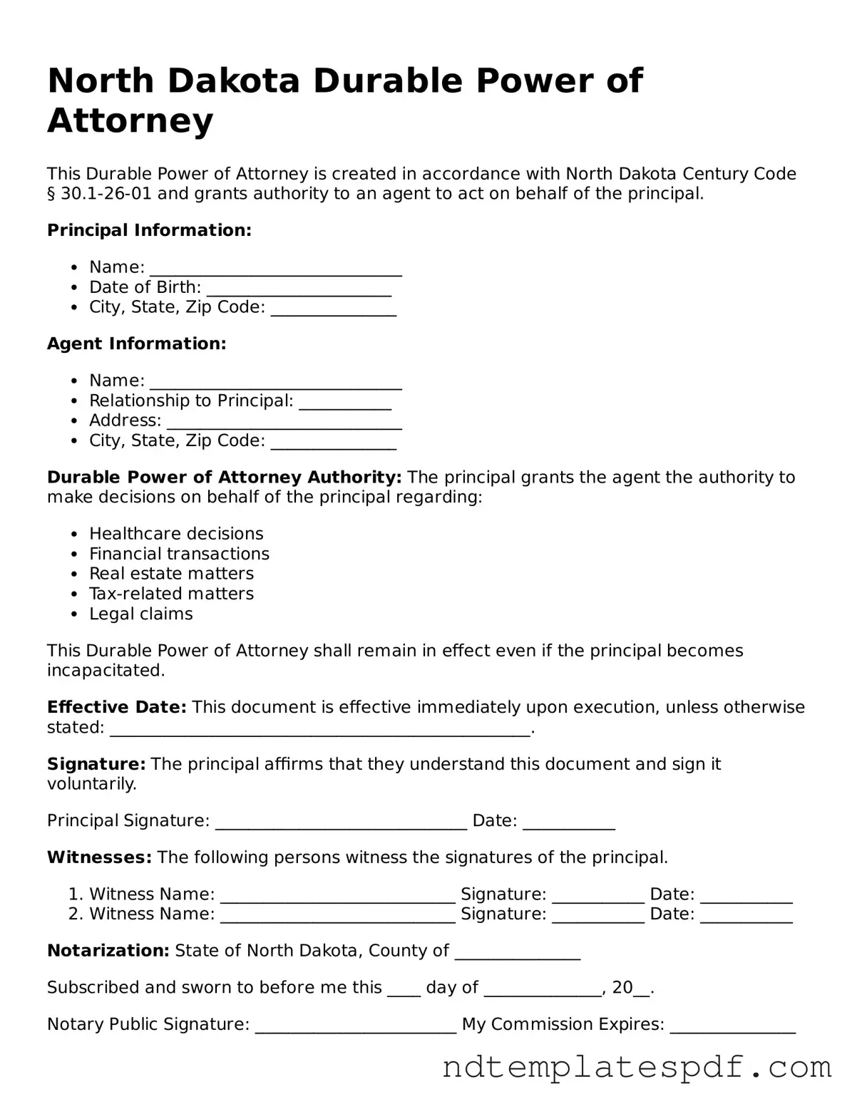 Legal North Dakota Durable Power of Attorney Document