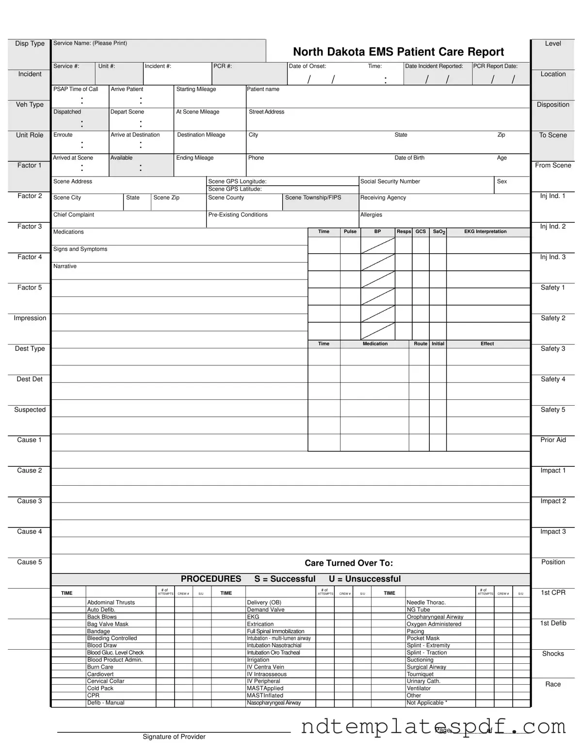 Free North Dakota Ems Patient Care Report PDF Form