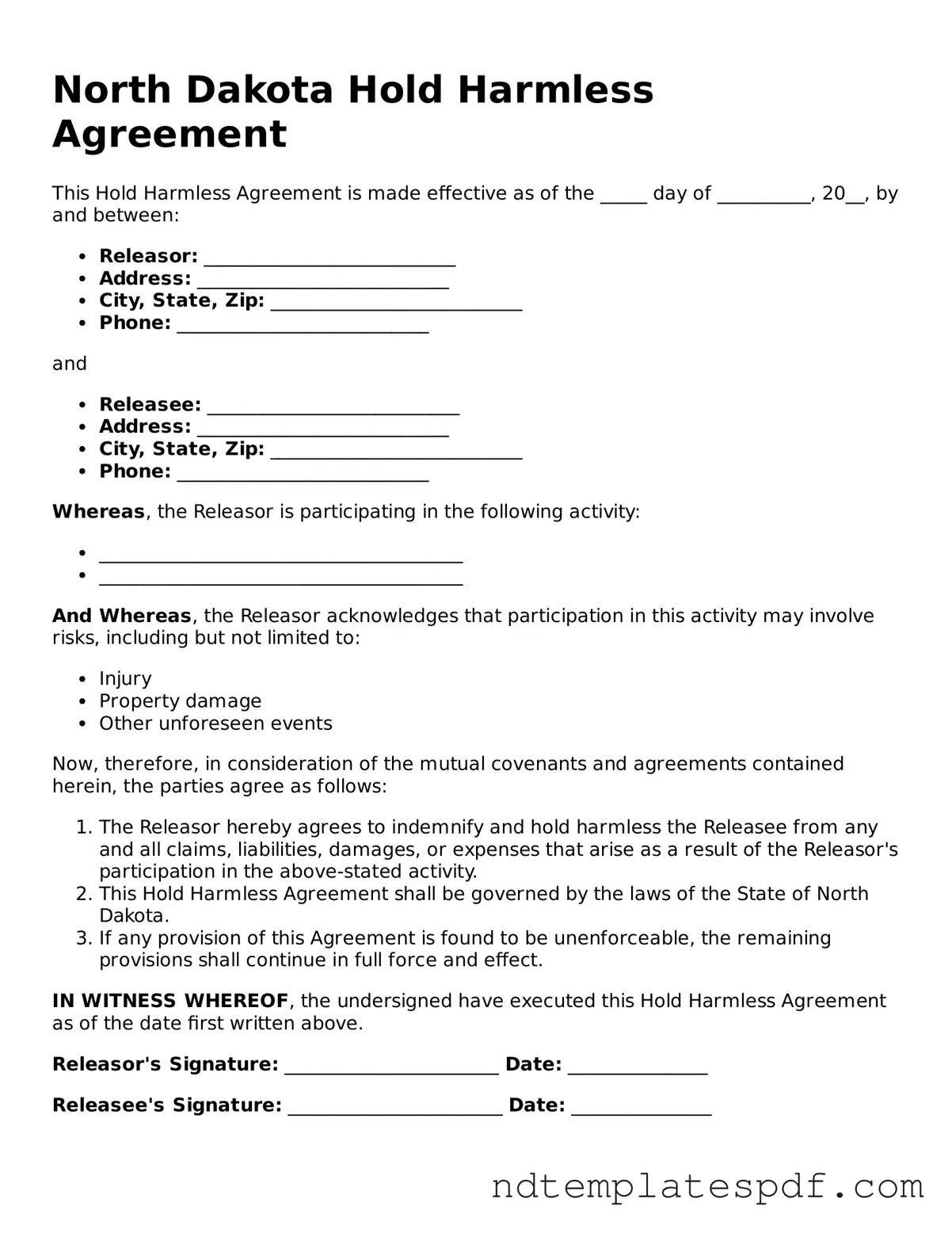 Legal North Dakota Hold Harmless Agreement Document