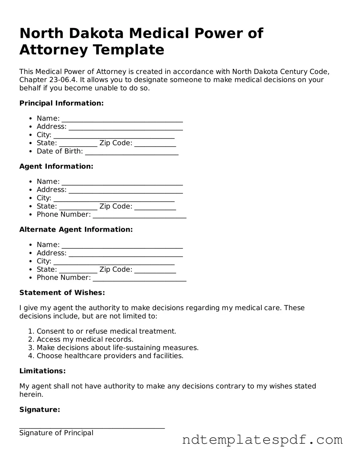 Legal North Dakota Medical Power of Attorney Document