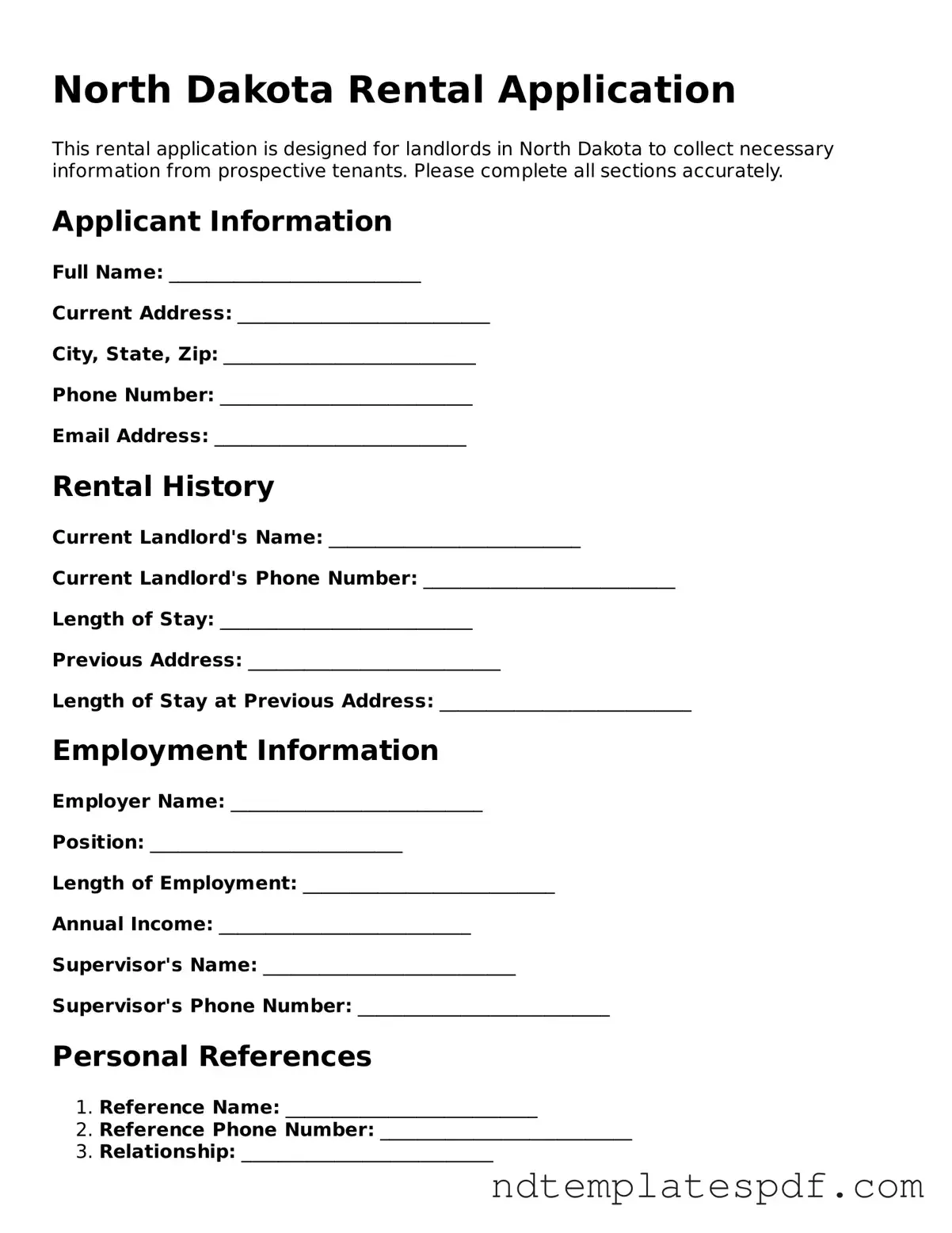 Legal North Dakota Rental Application Document