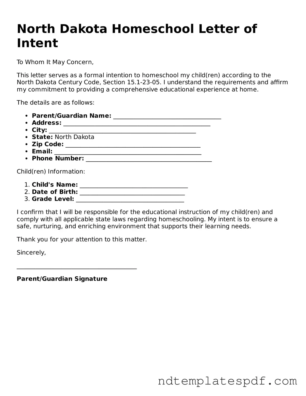 Legal North Dakota Homeschool Letter of Intent Document