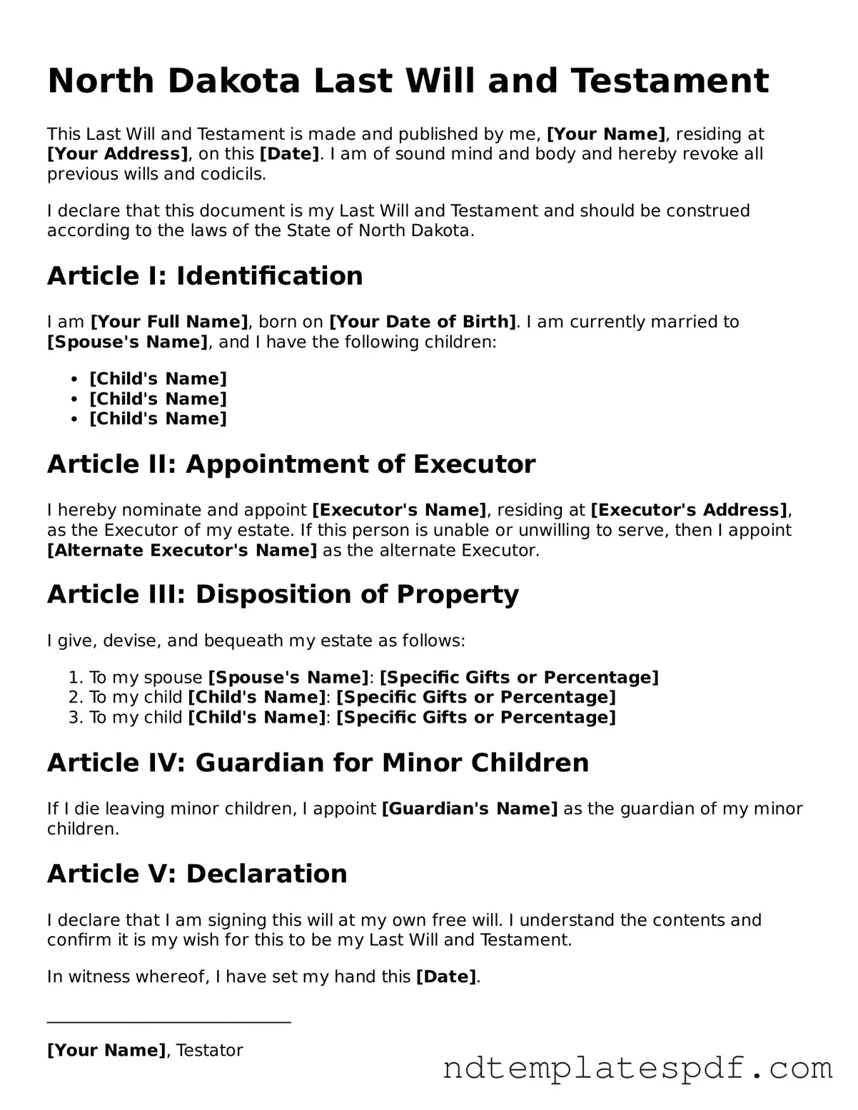 Legal North Dakota Last Will and Testament Document