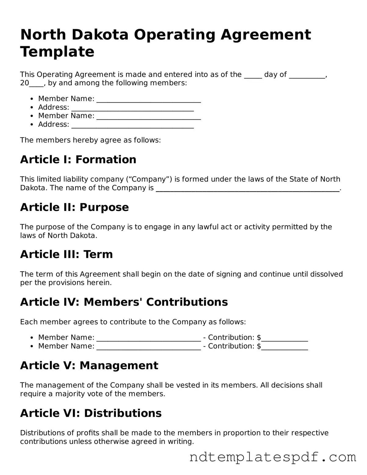 Legal North Dakota Operating Agreement Document