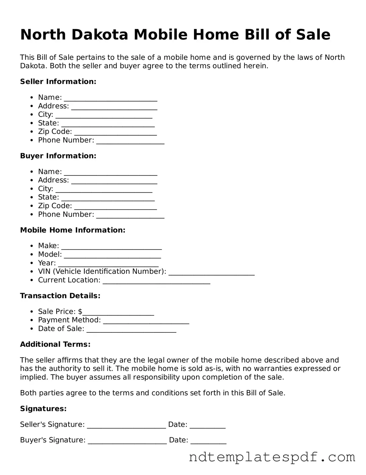 Legal North Dakota Mobile Home Bill of Sale Document