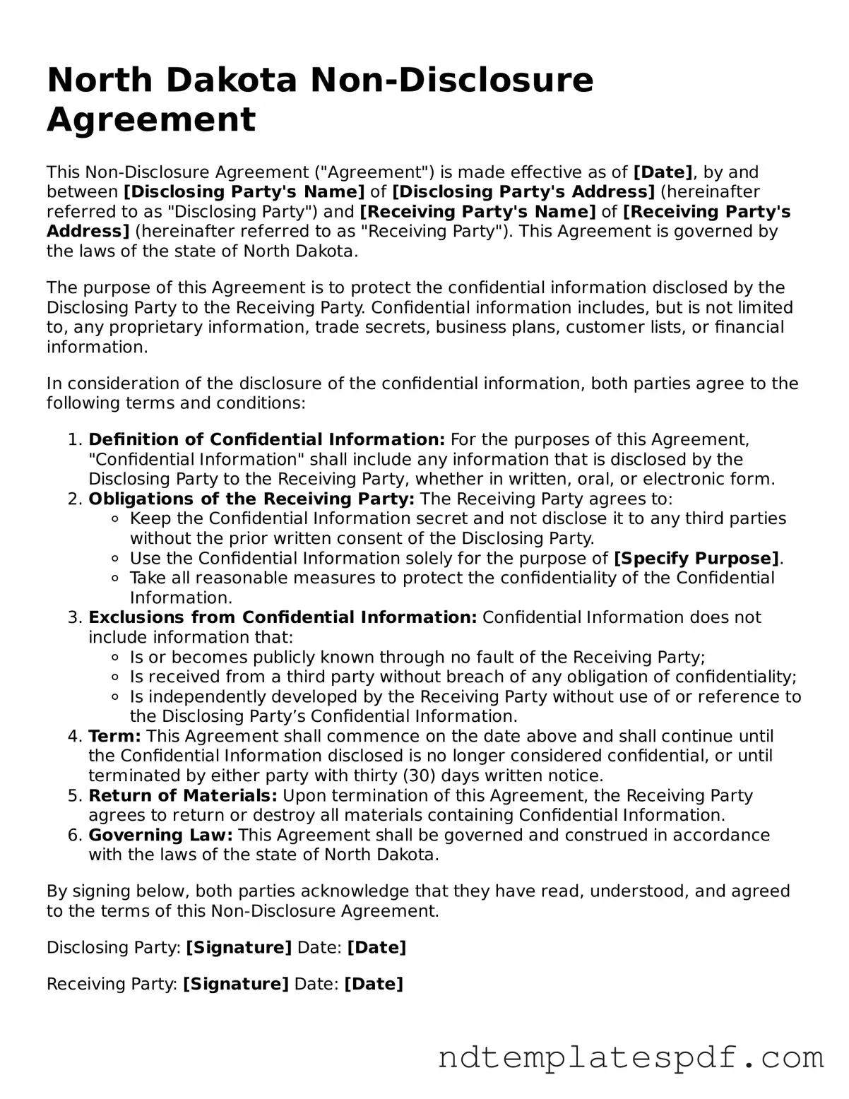 Legal North Dakota Non-disclosure Agreement Document