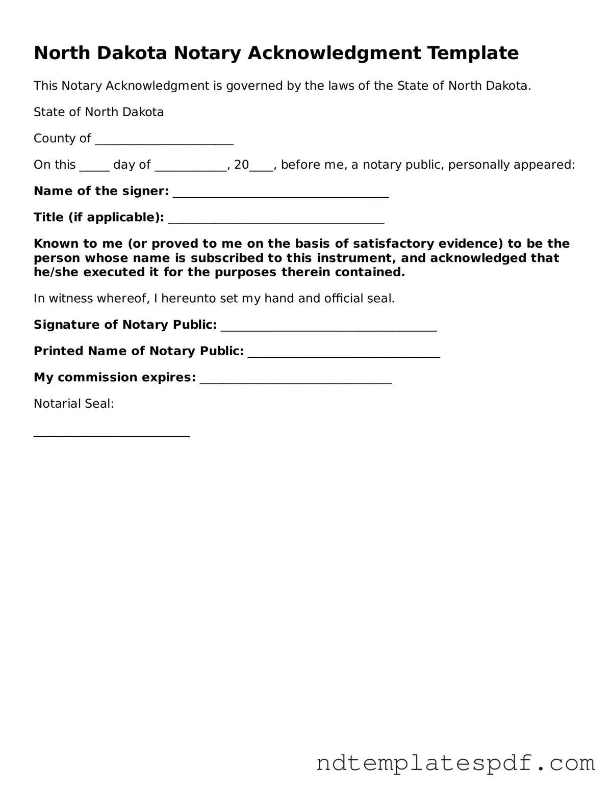 Legal North Dakota Notary Acknowledgement Document