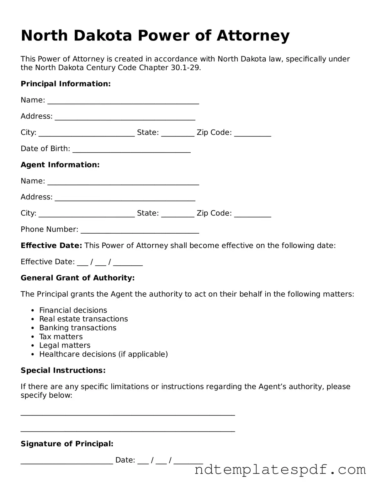 Legal North Dakota Power of Attorney Document