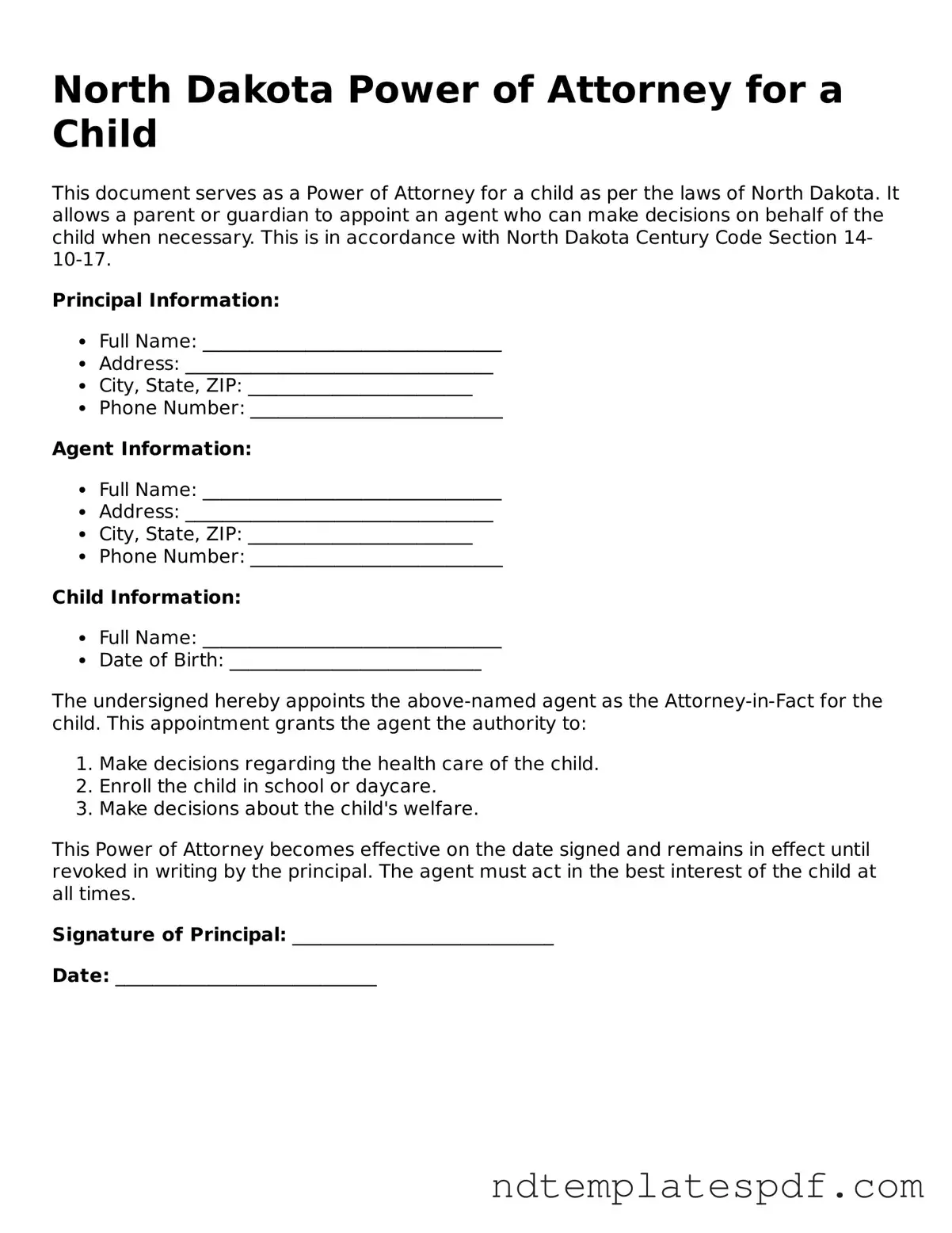 Legal North Dakota Power of Attorney for a Child Document