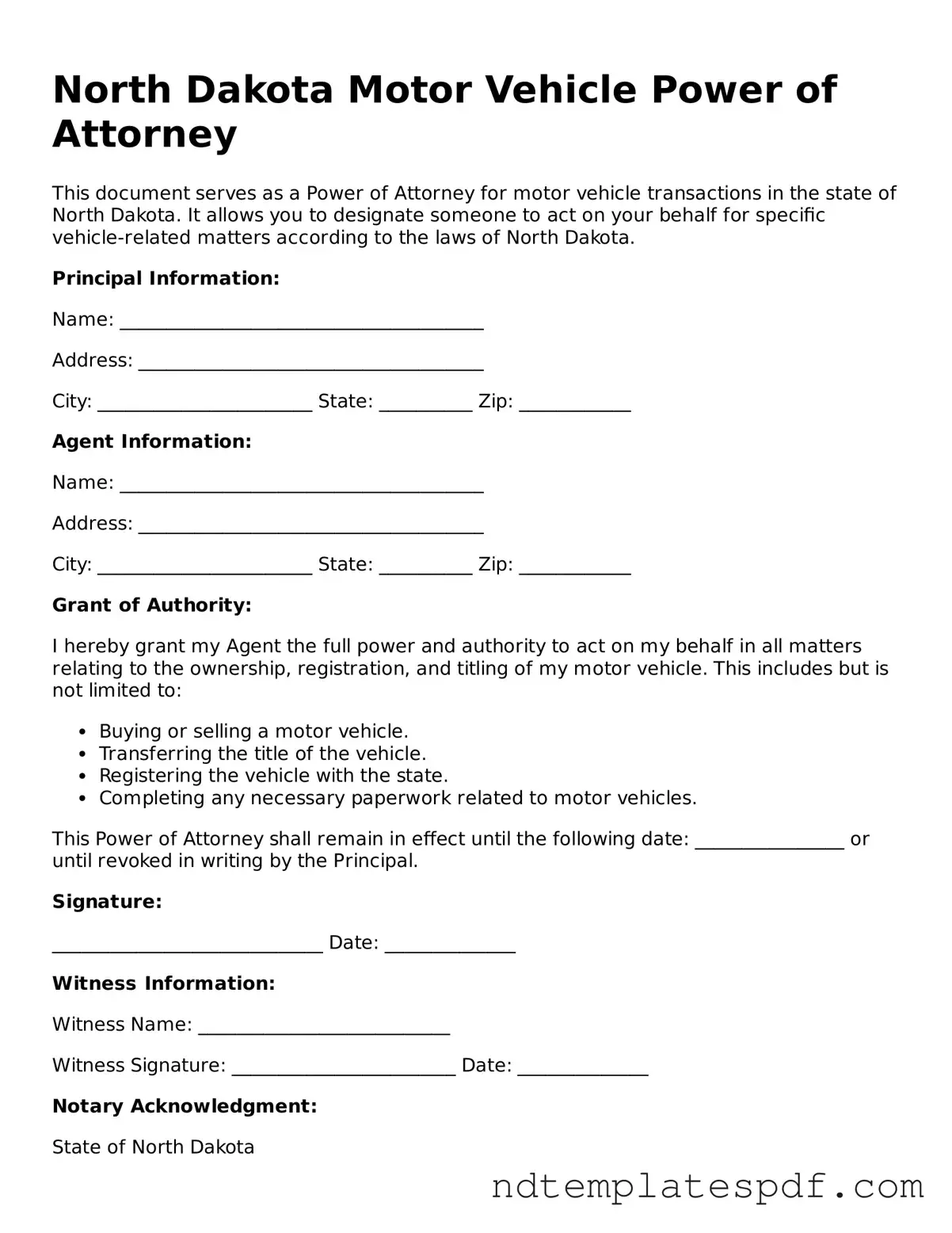 Legal North Dakota Motor Vehicle Power of Attorney Document