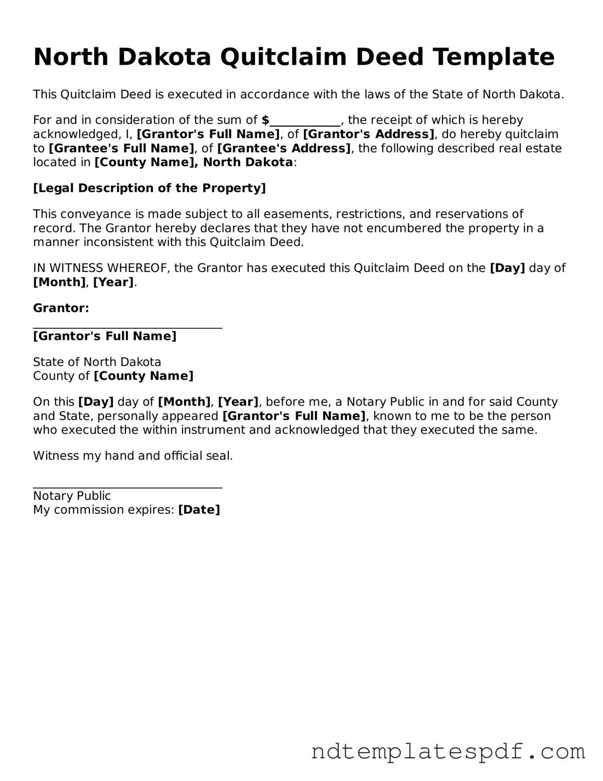 Legal North Dakota Quitclaim Deed Document