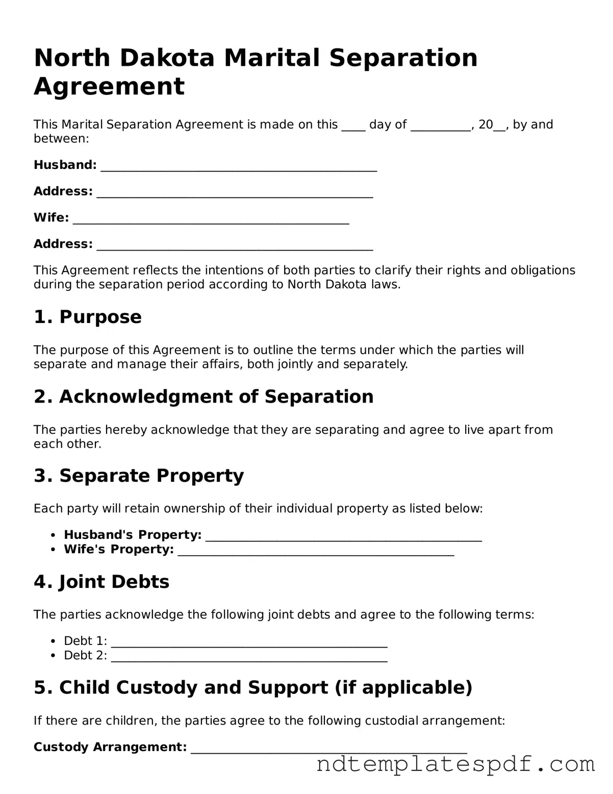 Legal North Dakota Marital Separation Agreement Document