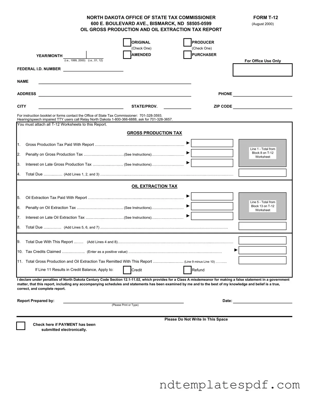 Free North Dakota T 12 PDF Form