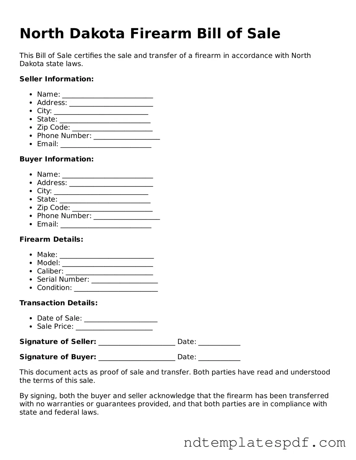 Legal North Dakota Firearm Bill of Sale Document