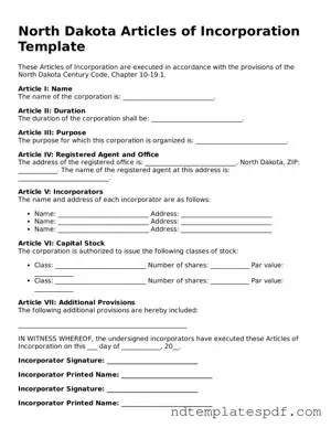 Legal North Dakota Articles of Incorporation Document