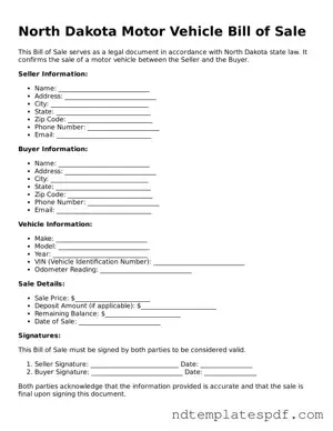 Legal North Dakota Motor Vehicle Bill of Sale Document