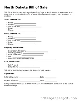 Legal North Dakota Bill of Sale Document