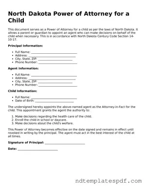 Legal North Dakota Power of Attorney for a Child Document