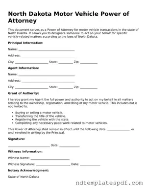 Legal North Dakota Motor Vehicle Power of Attorney Document